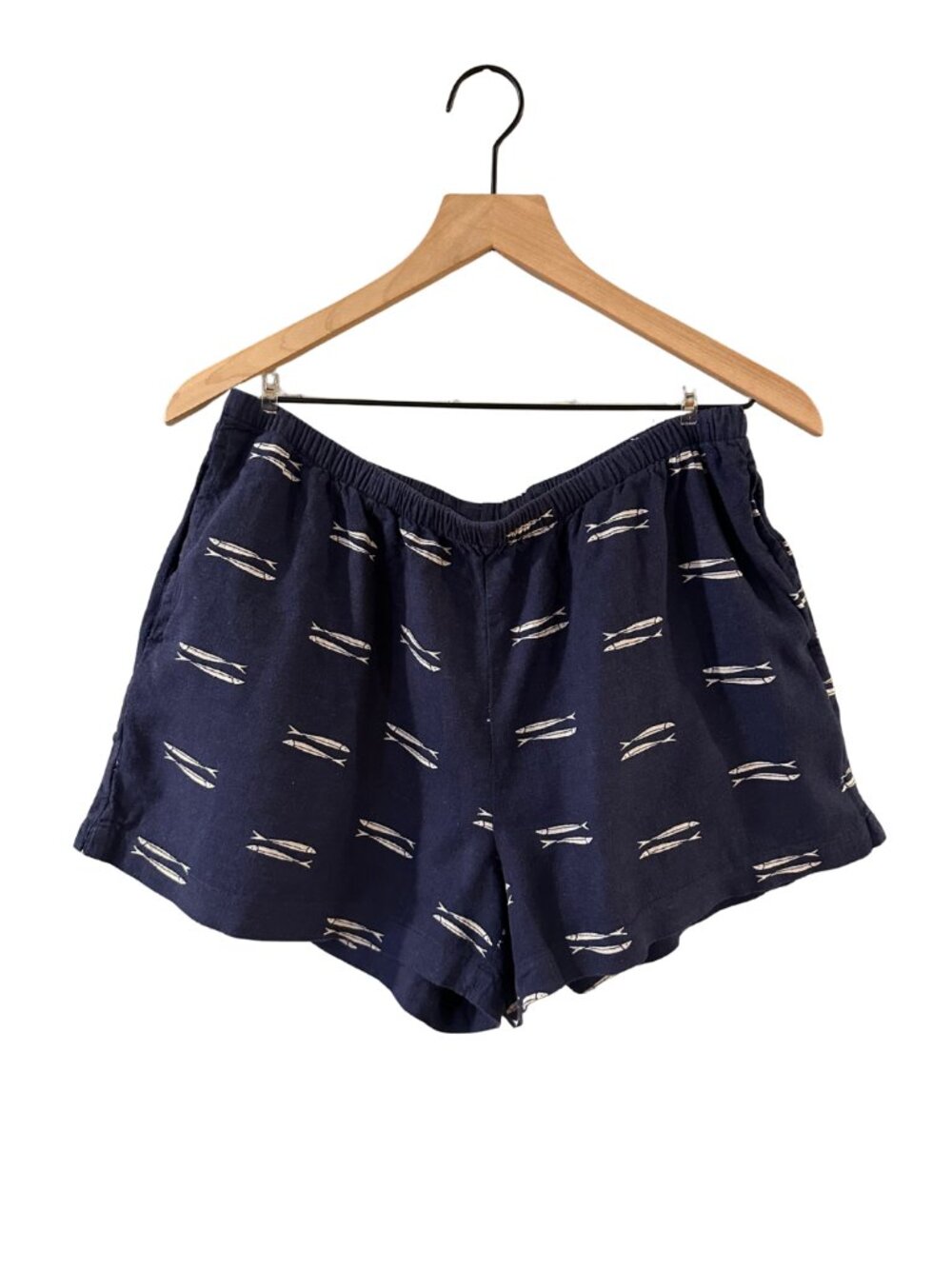 A New Day Linen Blend Navy Sardine Fish Print Loose Drawstring Shorts - Size M